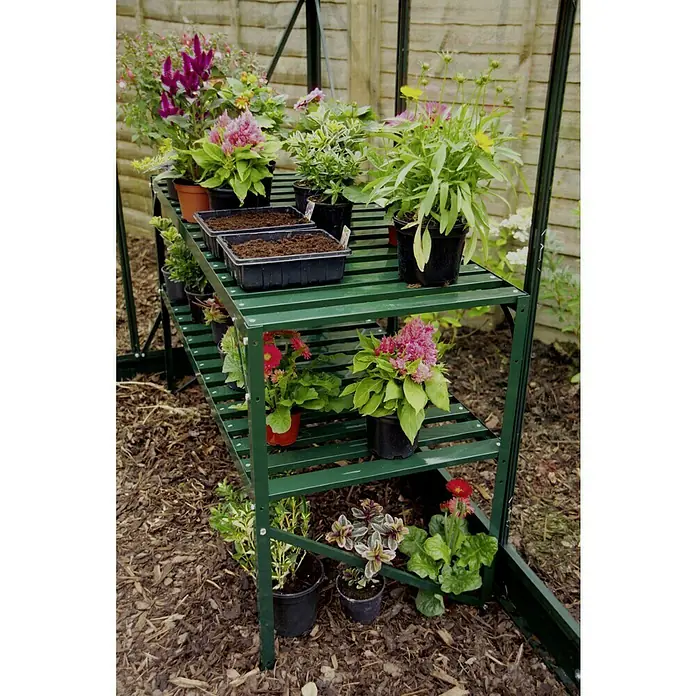 Vitavia Anzuchttisch III - 54 x 121 x 76 cm, Smaragd - Grünes Regal im Gewächshaus mit Pflanzen und Aussaatschalen für die Anzucht von Blumen und Gemüse.
