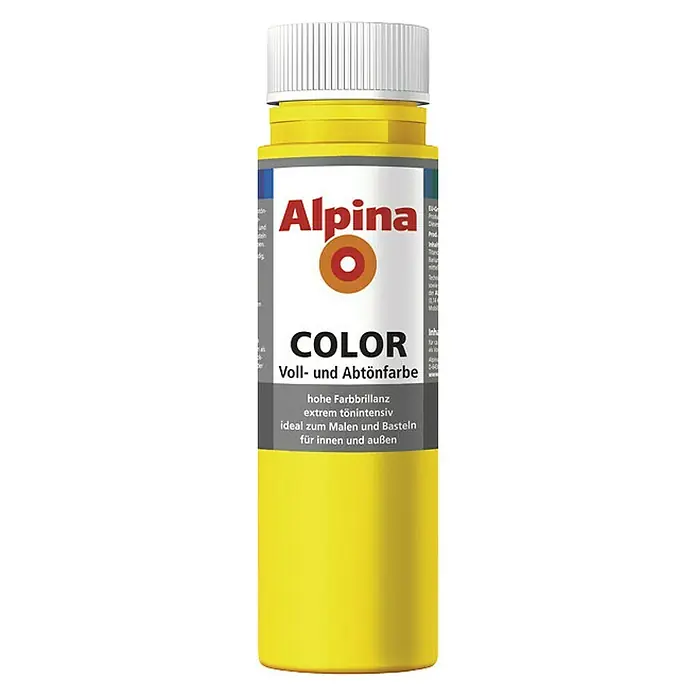 Alpina Vollton- & Abtönfarbe Color - Sunny Yellow, Matt, 250 ml, Lösemittelfrei - Ein Fläschchen Alpina Color Voll- und Abtönfarbe in Gelb, ideal zum Malen und Basteln, sowohl für Innen- als auch für Außenbereiche.