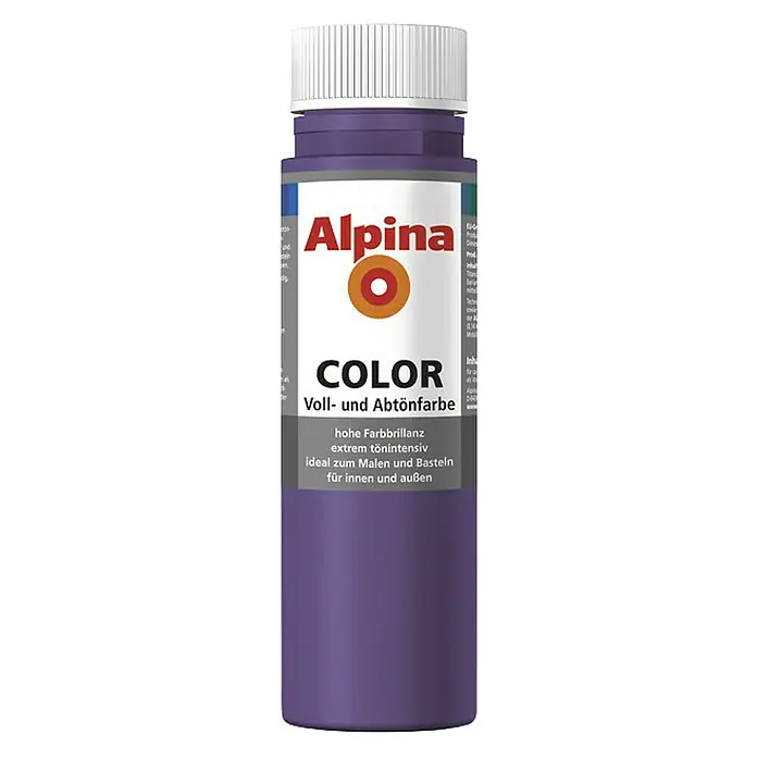 Alpina Vollton- & Abtönfarbe Color - Sweet Violet, Matt, 750 ml, Lösemittelfrei - Nahaufnahme einer lila Alpina Color Voll- und Abtönfarbe in einer kleinen Flasche mit weißem Deckel.