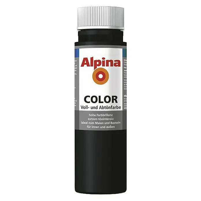 Alpina Vollton- & Abtönfarbe Color - Night Black, Matt, 250 ml, Lösemittelfrei - Schwarze Alpina Color Voll- und Abtönfarbe in einer Flasche mit weißem Verschluss für lebendige Farben im Innen- und Außenbereich.