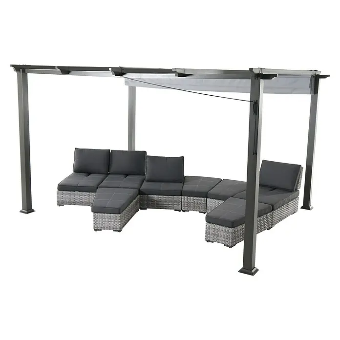 Sunfun Raffpavillon Kreta - B x T: 418 x 333 cm, Farbe Dach: Hellgrau - Modernes Gartenmöbel-Set mit grauem Rattansofa und Überdachung für den Außenbereich. Ideal zum Entspannen im Garten.