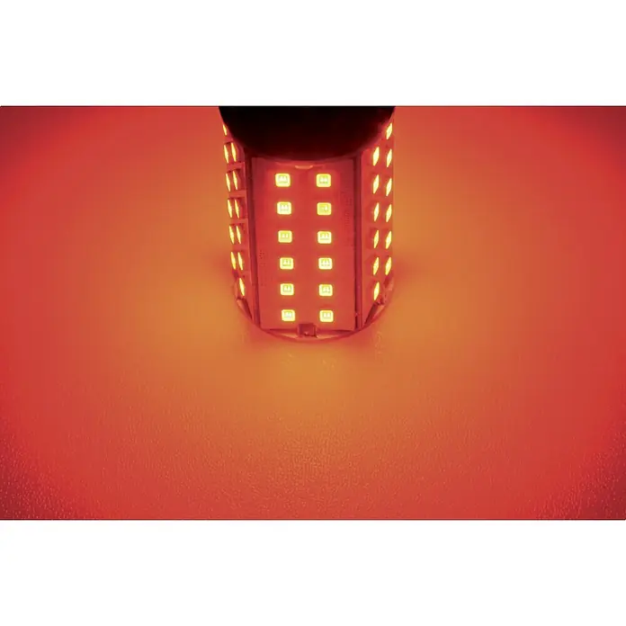 Talamex LED-Navigationsleuchtmittel für Boote - 4,8 W, 10 V - 30 V, Lichtfarbe: Rot - Nahaufnahme einer leuchtend roten LED-Lampe, die ein helles Licht ausstrahlt und einen modernen und effizienten Look vermittelt.
