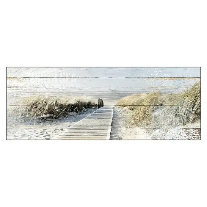 ProArt Type Hype Leinwandbild - Seeblick III, B x H: 80 x 30 cm - Wandbild mit einem Holzsteg, der zu einem ruhigen Strand führt, umgeben von sanften Dünen.