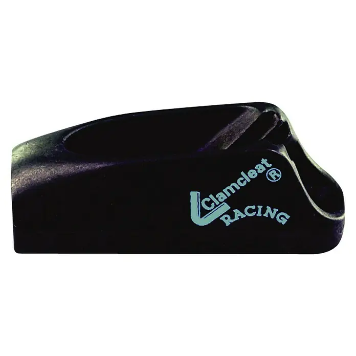 Clamcleat Kammklemme CL211MK2AN/R - Geeignet für: Tauwerk 3 - 6 mm, L x B: 55 x 17 mm - Nahaufnahme eines schwarzen Clamcleat Racing Segelbootsbeschlags, ideal für sicheres Festmachen von Seilen.