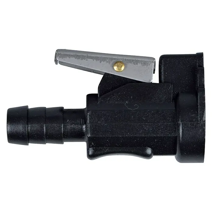 Talamex Adapter - Geeignet für: Tanks & Motoren, ⅜″, Passend für: Mercury & Yamaha Motoren - Schwarze Schlauchkupplung mit einem silberfarbenen Sicherungshebel und einem Messingstift für sichere Schlauchverbindungen.
