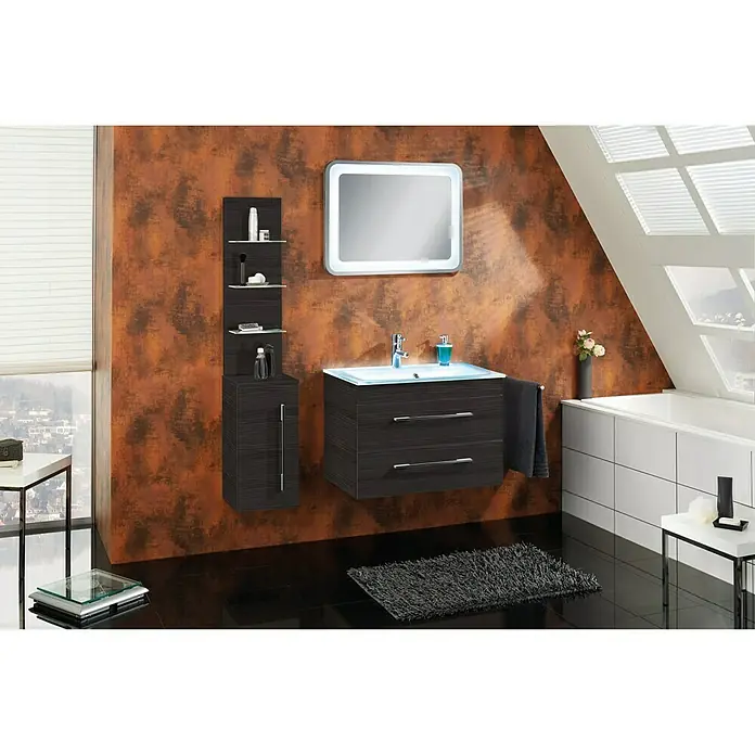 Camargue Stella Waschtischunterschrank - 59,2 x 40,8 x 49 cm, Ohne Beleuchtung, Dark Oak - Ein modernes Badezimmer mit einem schwebenden Waschtisch mit Schubladen, einem beleuchteten Spiegel und einem passenden Hochschrank.