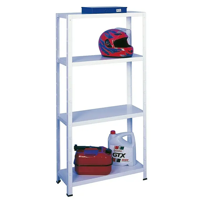 Regalux Metallregal Weiß - B x T x H: 80 x 30 x 150 cm, Metall, Weiß, Traglast pro Boden: 50 kg - Regal mit vier Ebenen und verschiedenen Gegenständen wie Helm, Ölkanister und Werkzeugkasten.