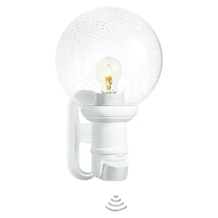 Steinel Sensor-Außenleuchte L 560 S weiß - 60 W, 243 x 215 x 368 mm, Weiß, IP44 - Außenleuchte mit Bewegungsmelder. Die kugelförmige Lampe ist mit einem transparenten, getropften Lampenschirm und einem integrierten Sensor ausgestattet.
