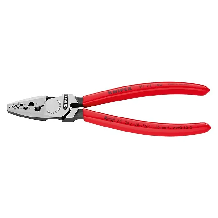 Knipex Crimpzange - Länge: 18 cm, Stahl - Das Bild zeigt eine Knipex 97 11 180 Crimpzange mit roten Griffen und verschiedenen Crimpbereichen.