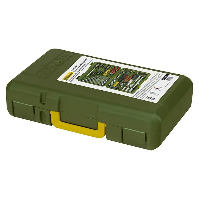 Proxxon Maletín de herramientas - 47 pzs. - Maletín de herramientas universal para coche: Un maletín robusto verde con asa amarilla, ideal para organizar y proteger sus herramientas.