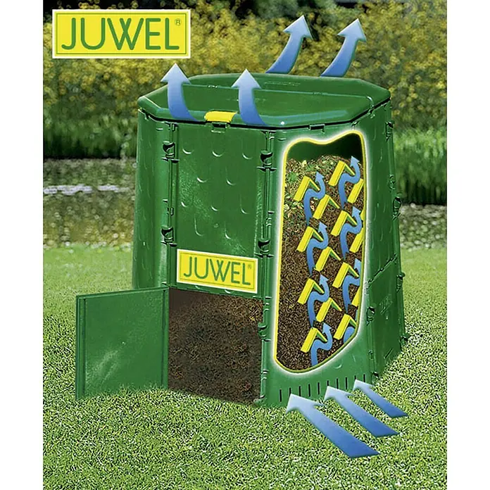 Juwel Aeroquick Komposter690 l, 94 x 94 x 109 cm - Bild eines JUWEL Komposters im Garten. Der Komposter ist grün und hat eine offene Tür, um den Kompost zu entnehmen.