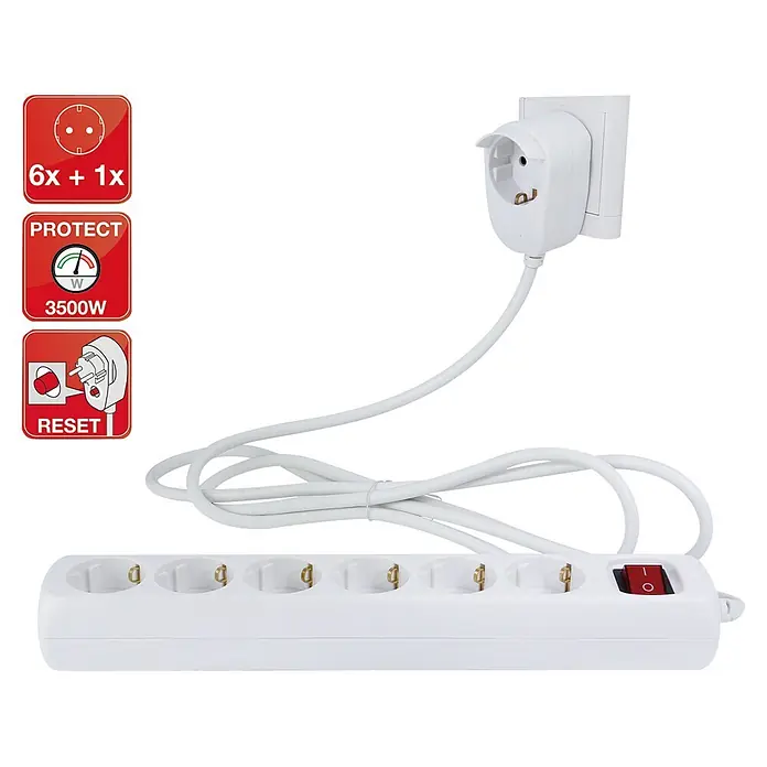 Steckdosenleiste Powersplit - Anzahl Steckdosen Schuko: 7 Stk., Weiß, Kabellänge: 2 m, Mit Schalter - Eine weiße Steckdosenleiste mit sechs Steckplätzen und einem zusätzlichen Adapter, ideal für den Anschluss mehrerer Geräte gleichzeitig.