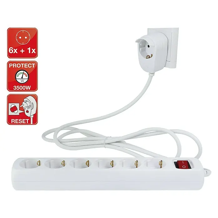 Steckdosenleiste Powersplit - Anzahl Steckdosen Schuko: 7 Stk., Weiß, Kabellänge: 2 m, Mit Schalter - Eine weiße Steckdosenleiste mit sechs Steckplätzen und einem zusätzlichen Adapter, ideal für den Anschluss mehrerer Geräte gleichzeitig.