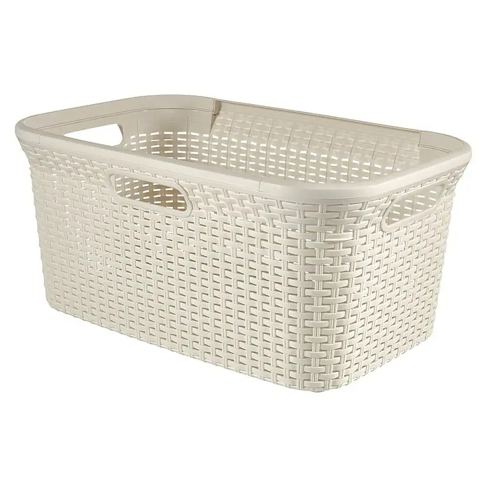 Curver Style Cesta para la ropa - 45 l, Blanco, Rectangular, Plástico - Un cesto de lavandería de plástico beige con un diseño tejido y asas en los lados. Práctico para transportar la ropa.