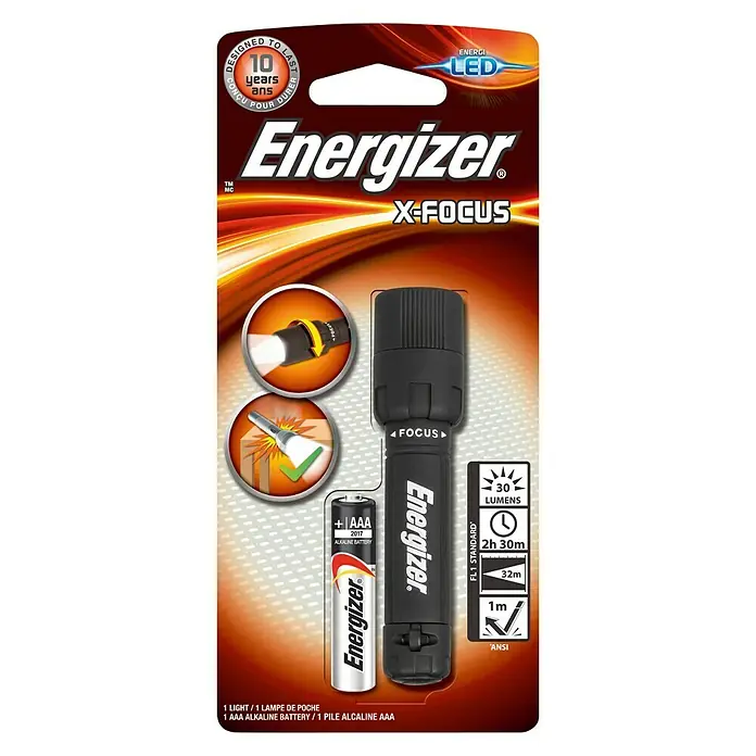Energizer Linterna X-Focus - 2,9 x 2,9 x 15,8 cm, 7 lm - Imagen de una linterna LED Energizer X-Focus, 30 lúmenes, incluye una pila AAA. Diseñada para uso diario con ajuste de enfoque.