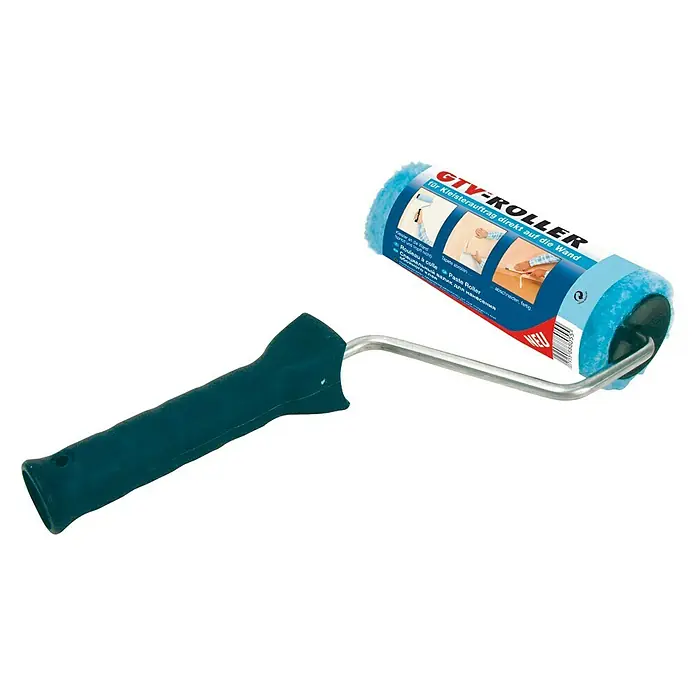 Swing Decor Tapeten-Andrückroller GTV - Breite: 18 cm - Ein blauer Kleisterroller mit grünem Griff, ideal zum direkten Auftragen von Kleister auf die Wand. Praktisches Werkzeug für Renovierungsarbeiten.