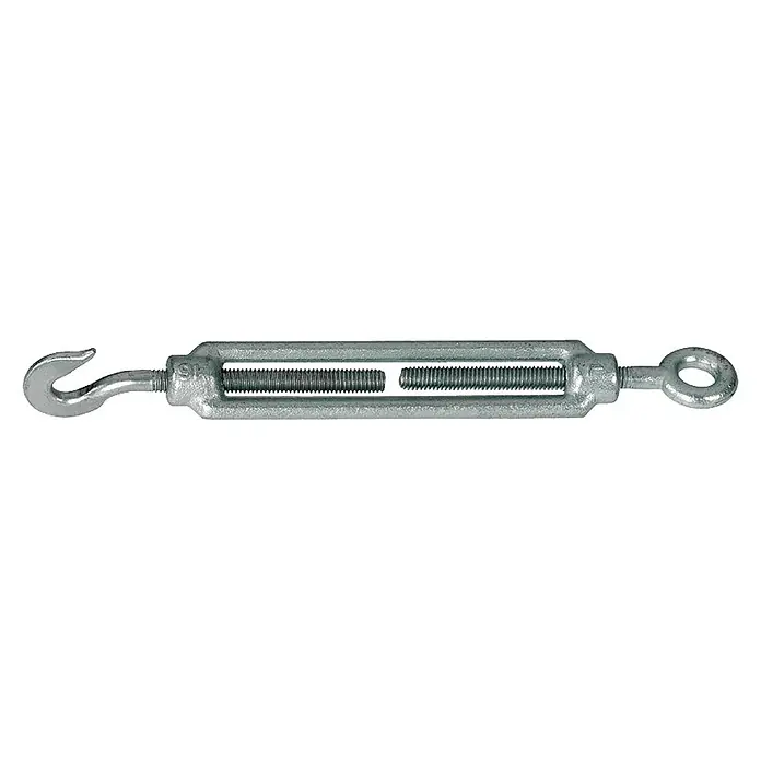 Alberts Spannschloss - Stahl - Nahaufnahme eines Spannschlosses mit Haken und Öse zur Anpassung von Spannung und Länge in Seilen und Kabeln, ideal für Bau und Industrie.