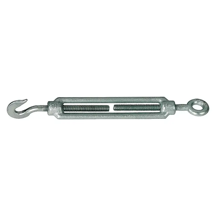Alberts Spannschloss - Stahl - Nahaufnahme eines Spannschlosses mit Haken und Öse zur Anpassung von Spannung und Länge in Seilen und Kabeln, ideal für Bau und Industrie.