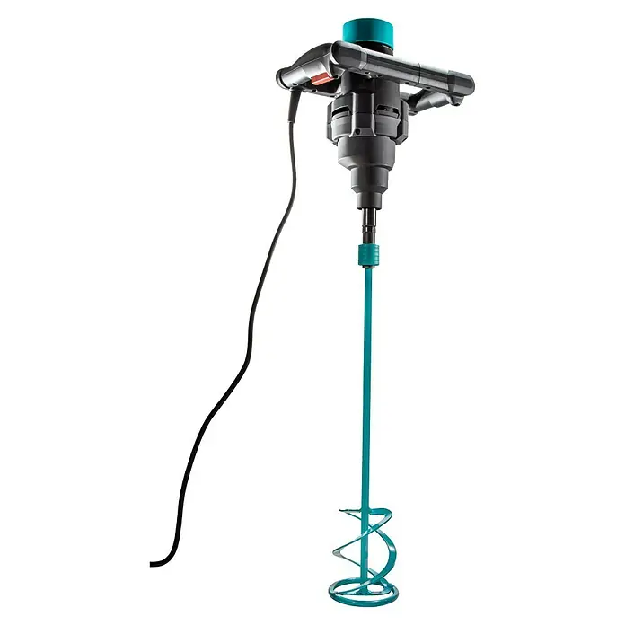 Collomix Mixbro Rührwerk M110 - Mischvolumen: 40 l, Gangzahl: 1 Stk. - Das Bild zeigt einen Farbmixer mit einem spiralförmigen Aufsatz in Türkis, der zum Mischen von Farben oder anderen Flüssigkeiten verwendet wird.