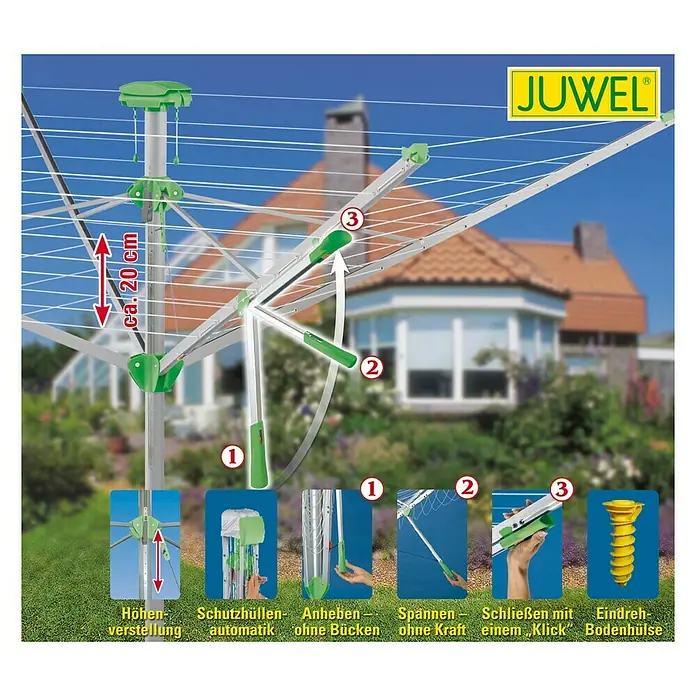 Juwel Wäschespinne Novaplus 600 Lift - Länge Wäscheleine: 51 m, Geeignet für Anzahl Waschmaschinenfüllungen: 5 Stk. - 6 Stk. - Wäschespinne mit ca. 20 cm Höhenverstellung und automatischen Schutzhüllen. Anheben ohne Bücken, Spannen ohne Kraft, Schließen mit Klick.