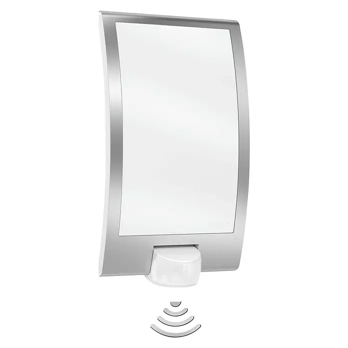 Steinel Sensor-Außenleuchte L 22 S Edelstahl - 60 W, 28,6 x 16,2 x 8,9 cm, Edelstahl, IP44 - Ein modernes, silbernes LED-Wandlicht mit Bewegungssensor. Perfekt für den Außenbereich, bietet es Sicherheit und Komfort.
