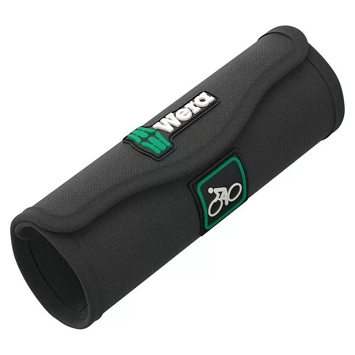 Wera Drehmomentschlüssel Kraftform Safe-Torque Speed Bicycle 1 - 7 -tlg. - Schwarze, strukturierte Wera Roll-Up-Werkzeugtasche mit Fahrradsymbol.