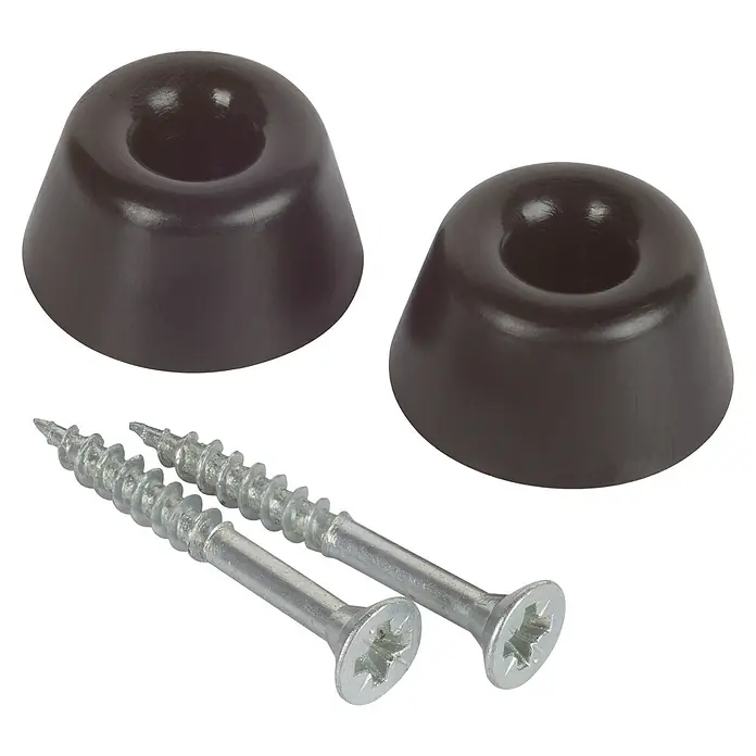 Fix-o-moll Protección de bordes - Plástico, Negro - Dos topes de puerta marrones con tornillos para una instalación segura.