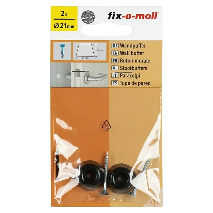 Fix-o-moll Protección de bordes - Plástico, Negro - Paquete de dos topes de pared fix-o-moll, con tornillos incluidos para facilitar la instalación, con un diámetro de 21mm. Protección óptima.