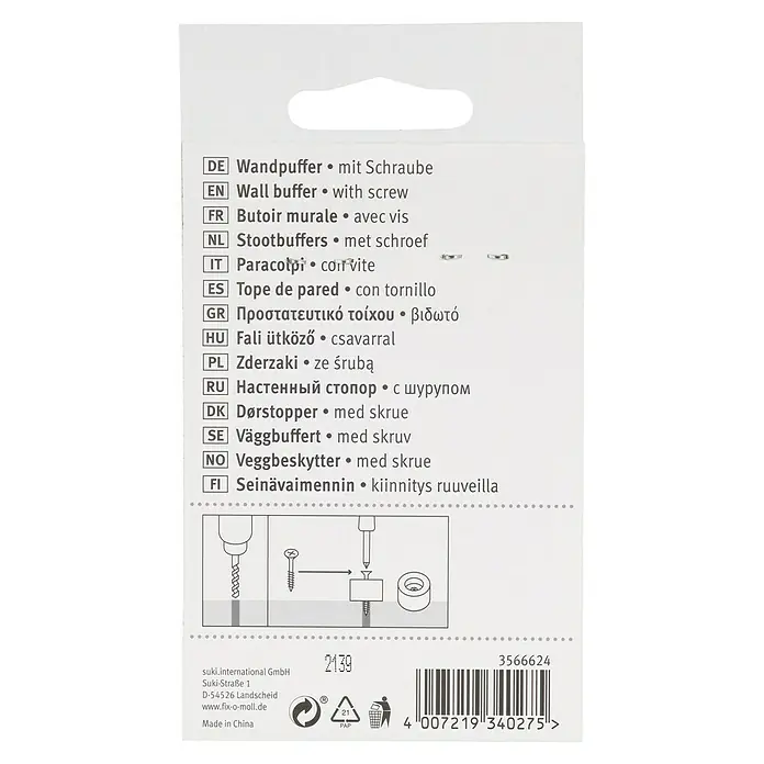 Fix-o-moll Protección de bordes - Plástico, Negro - Embalaje del tope de pared con descripciones multilingües e instrucciones de montaje.