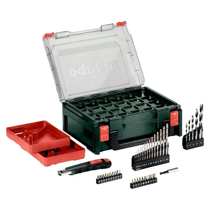 Metabo Akku-Bohrschrauber-Set PowerMaxx BS Basic - 12 V, 2 Akkus, 2 Ah, 34 Nm, 41 -tlg. - Metabo Werkzeugkoffer mit Bohrern, Bits und Zubehör, ideal für Handwerker und Heimwerker zur Aufbewahrung und zum Transport von Werkzeugen.