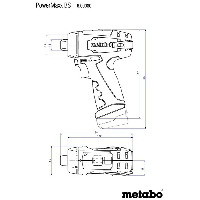 Metabo Akku-Bohrschrauber-Set PowerMaxx BS Basic - 12 V, 2 Akkus, 2 Ah, 34 Nm, 41 -tlg. - Abbildung des Metabo PowerMaxx BS Akku-Bohrschraubers mit Maßangaben zu den Abmessungen, die die Kompaktheit und Ergonomie des Geräts hervorheben.