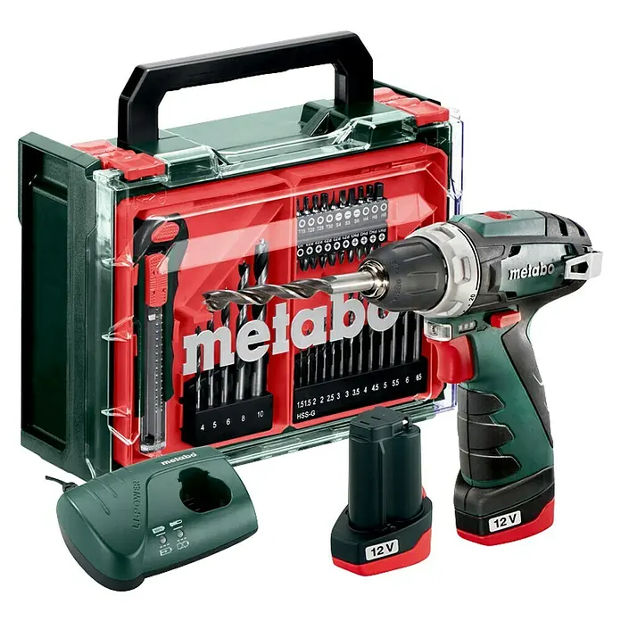 Metabo Akku-Bohrschrauber-Set PowerMaxx BS Basic - 12 V, 2 Akkus, 2 Ah, 34 Nm, 41 -tlg. - Akku-Bohrschrauber-Set von Metabo mit Bohrer- und Bit-Set, Akku und Ladegerät in einem praktischen Tragekoffer.