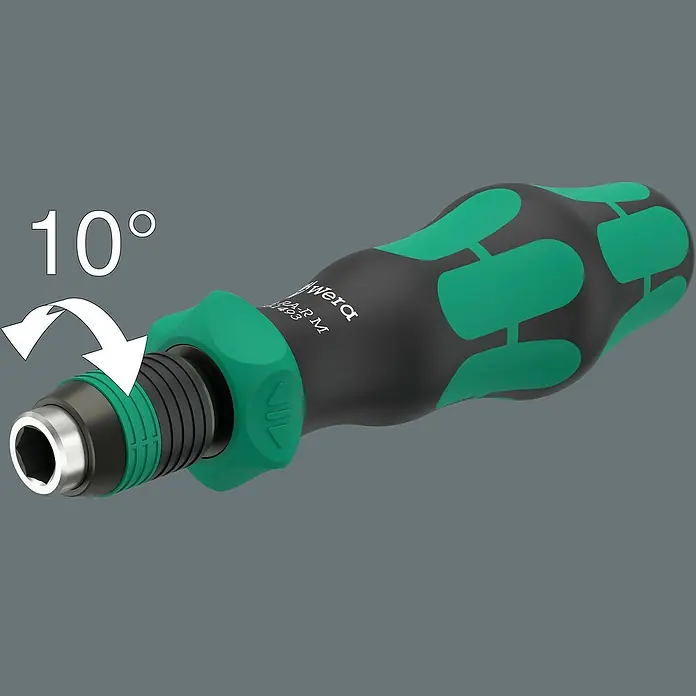 Wera Bit-Handhalterung 838 RA-R M - Rückholwinkel: 10 ° - Bild eines Wera Schraubendrehers mit einem ergonomischen Griff und einer Drehbewegung von 10 Grad.