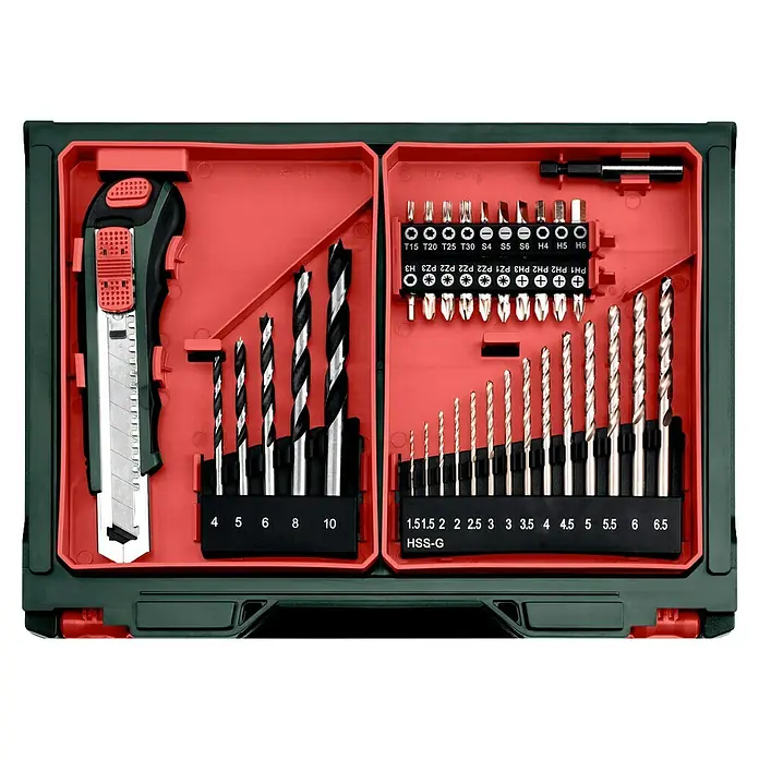 Metabo Akku-Bohrschrauber-Set PowerMaxx BS Basic - 12 V, 2 Akkus, 2 Ah, 34 Nm, 41 -tlg. - Werkzeugkoffer mit verschiedenen Bohrern, Bits und einem Cutter für Heimwerker und Profis.