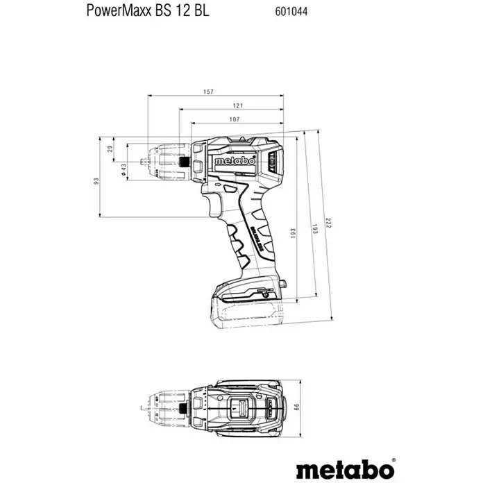 Metabo Akku-Bohrschrauber PowerMaxx BS 12 BL - 12 V, 2 Akkus, 2 Ah, 45 Nm - Abbildung des Akku-Bohrschraubers Metabo PowerMaxx BS 12 BL mit Maßangaben zu Länge, Höhe und Durchmesser.