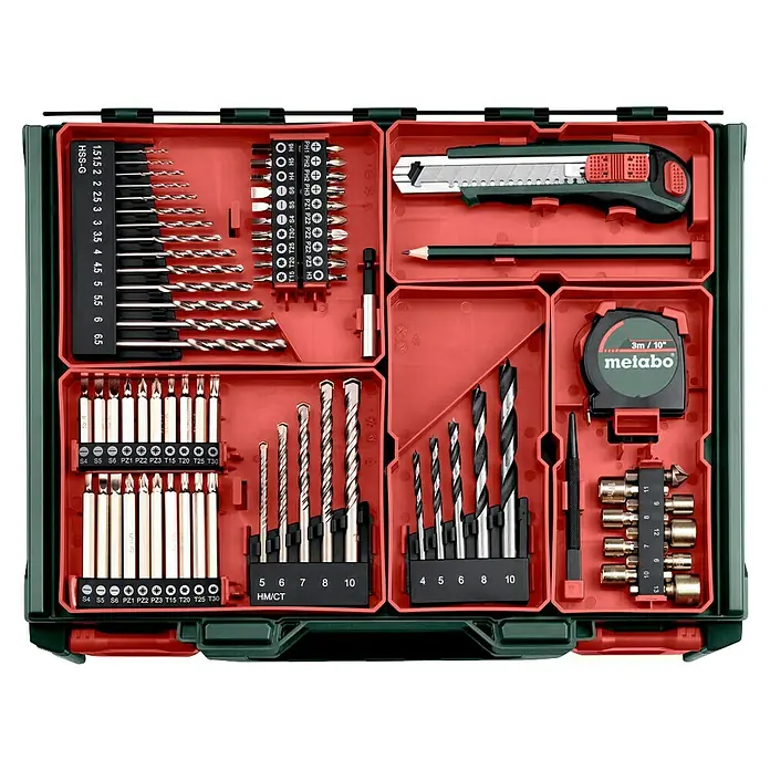 Metabo CAS 18V Akku-Schlagbohrschrauber-Set SB 18 - 18 V, 2 Akkus, 2 Ah, 87 -tlg. - Metabo Werkzeugkoffer mit Bohrern, Bits, Schraubendrehern, Cutter, Bleistift, Bandmaß und Steckschlüsseln.