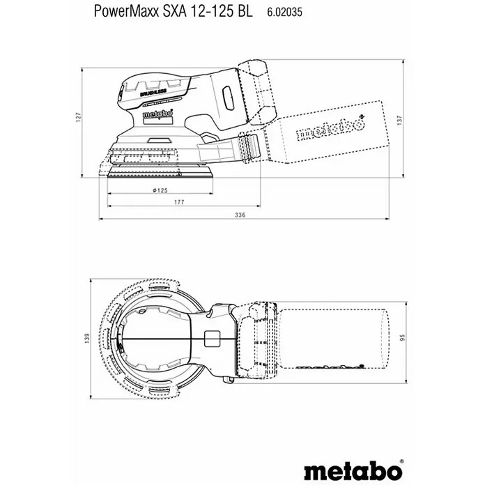 Metabo Akku-Exzenterschleifer PowerMaxx SXA 12-125 BL - 12 V, Ohne Akku - Abbildung des PowerMaxx SXA 12-125 BL Exzenterschleifers mit Maßangaben, einschließlich Durchmesser und Gesamtabmessungen.