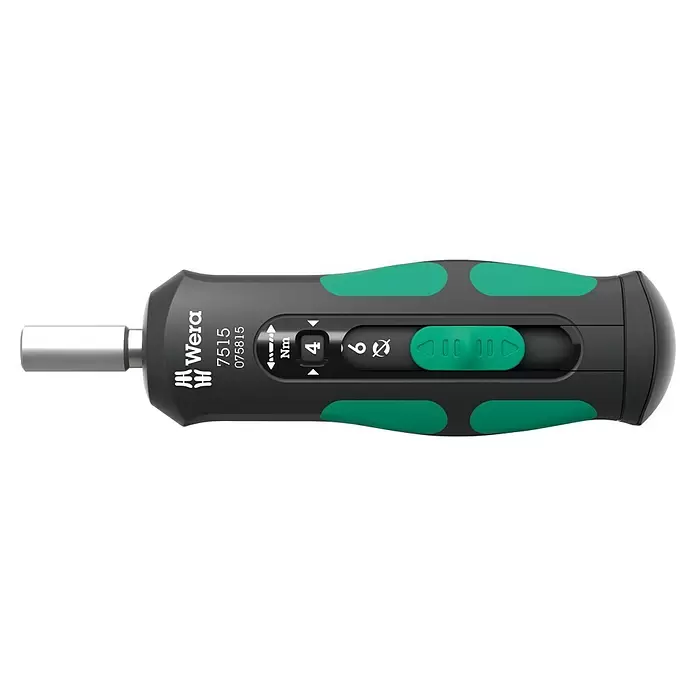 Wera Bit-Handhalterung Kraftform Safe-Torque Speed - 2 Nm - 6 Nm - Schwarzer und grüner Wera Drehmomentschraubendreher mit silberner Spitze, mit einstellbarem 4 Nm Drehmoment und Richtungsregler zum Festziehen, Lösen oder Sperren.