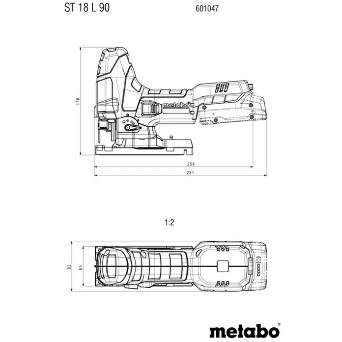 Metabo CAS 18V Akku-Pendelhubstichsäge ST 18 L 90 - 18 V, Ohne Akku, Leerlaufhubzahl: 750 /min - 3.000 /min - Produktbild des Metabo ST 18 L 90, einer Akku-Stichsäge mit detaillierten Maßangaben in einer technischen Zeichnung.