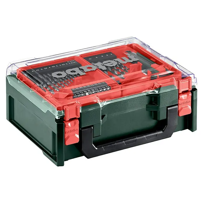Metabo Akku-Bohrschrauber-Set PowerMaxx BS Basic - 12 V, 2 Akkus, 2 Ah, 34 Nm, 41 -tlg. - Metabo Bohrer- und Bit-Box mit transparentem Deckel und rotem Akzent. Perfekt für Heimwerker und Profis, um Ordnung zu halten.