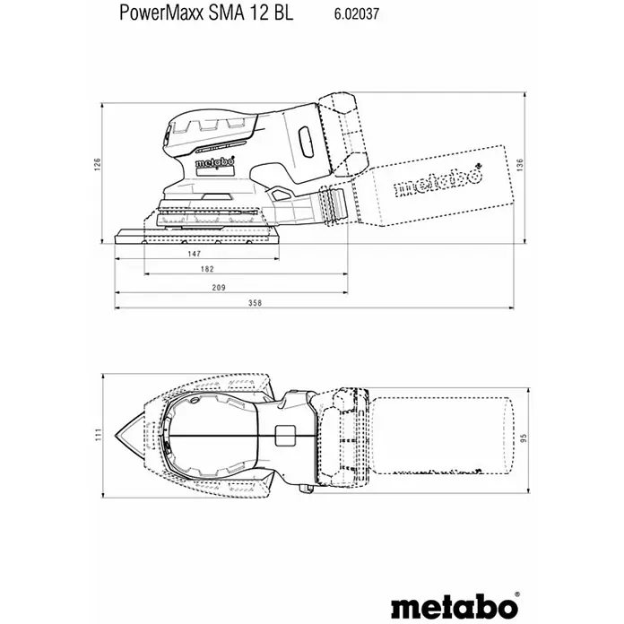 Metabo Akku-Multischleifer PowerMaxx SMA 12 BL - 12 V, Ohne Akku, Breite Schleifplatte: 100 mm, Länge Schleifplatte: 150 mm - Produktzeichnung des PowerMaxx SMA 12 BL Akku-Multischleifers mit Maßangaben zu Länge, Höhe und Breite des Geräts.