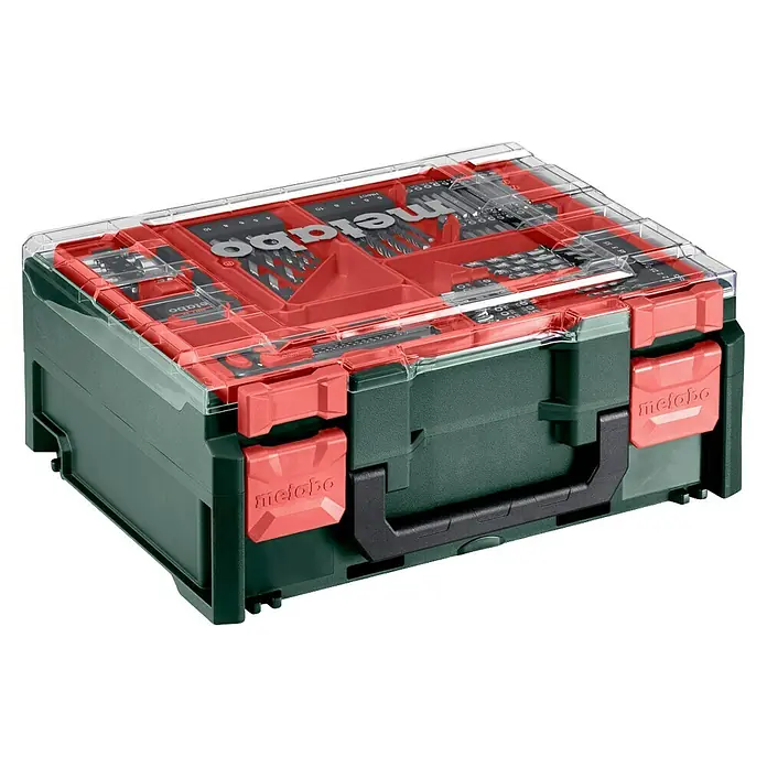 Metabo CAS 18V Akku-Schlagbohrschrauber-Set SB 18 - 18 V, 2 Akkus, 2 Ah, 87 -tlg. - Metabo Werkzeugkoffer mit transparentem Deckel und rotem Verschluss.