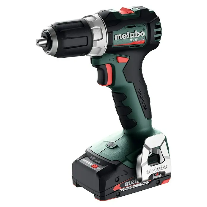 Metabo CAS 18V Akku-Bohrschrauber BS 18 L BL - 18 V, 2 Akkus, 2 Ah, 65 Nm - Akkuschrauber Metabo BS 18 L BL mit 18 V Li-Power Akku, bürstenlosem Motor, roter Taste und einstellbarem Drehmoment.