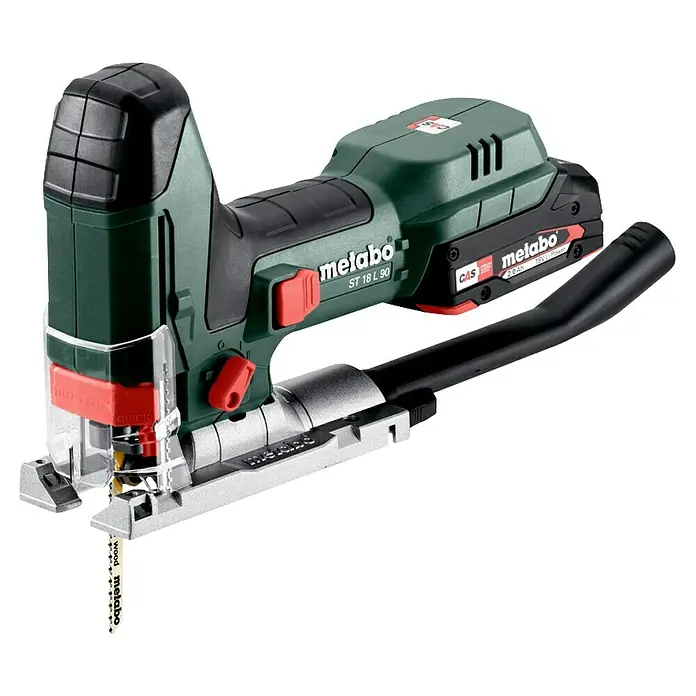 Metabo CAS 18V Akku-Pendelhubstichsäge ST 18 L 90 - 18 V, Ohne Akku, Leerlaufhubzahl: 750 /min - 3.000 /min - Akku-Stichsäge Metabo ST 18 L 90 mit Holz-Sägeblatt, ein vielseitiges Werkzeug für präzise Holzarbeiten.
