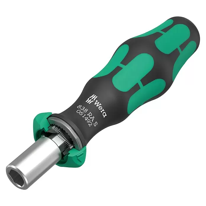 Wera Bit-Handhalterung 838 RA S - Aufnahme für ¼″-Sechskant-Bits - Schwarzer und grüner Wera Ratschenschraubendreher mit ergonomischem Griff und Sechskant-Bithalter.