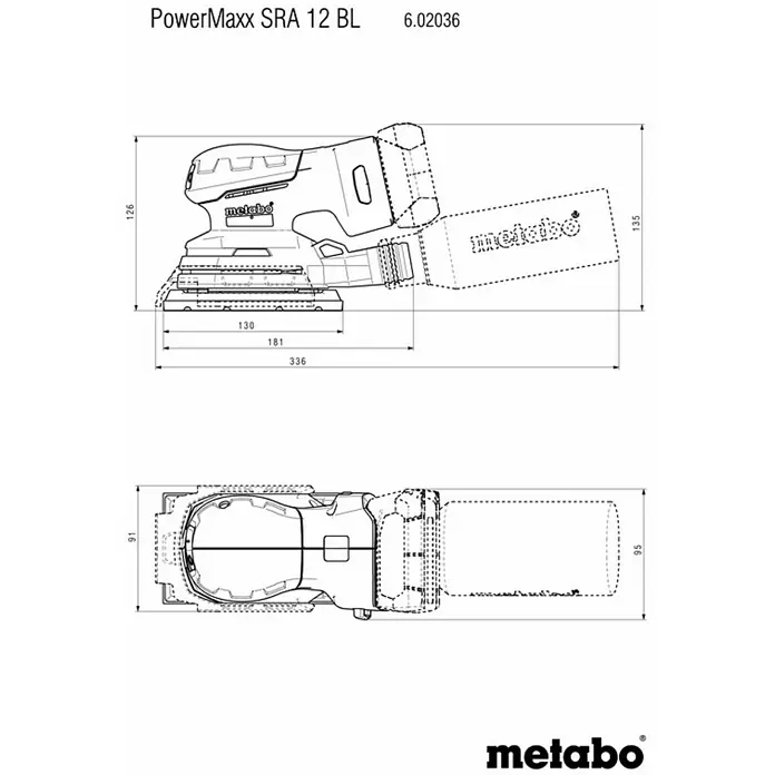 Metabo Akku-Schwingschleifer PowerMaxx SRA 12 BL - 12 V, Ohne Akku, Breite Schleifplatte: 80 mm, Länge Schleifplatte: 130 mm - Darstellung des PowerMaxx SRA 12 BL Schleifers mit Maßen. Ein kompakter und effizienter Schleifer für diverse Anwendungen.
