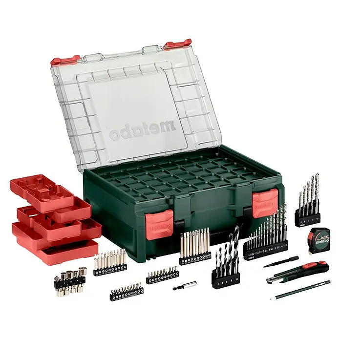 Metabo CAS 18V Akku-Schlagbohrschrauber-Set SB 18 - 18 V, 2 Akkus, 2 Ah, 87 -tlg. - Ein Metabo-Bohrer- und Bit-Set in einem grünen Koffer mit durchsichtigem Deckel und verschiedenen Bits und Bohrern.