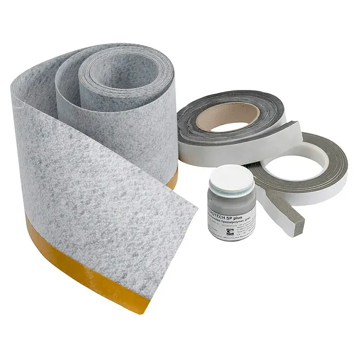 Wippro Isotec Spezialabdichtung Blower-Door - Passend für: Wippro Bodentreppen - Bild von Dichtbandrollen, Dichtmasse und einem Dichtstreifen. Das Set ist ideal für die Abdichtung im Bauwesen.