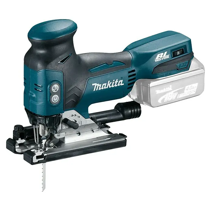 Makita LXT 18V Akku-Pendelhubstichsäge DJV181Z18 V, Li-Ionen, Ohne Akku, 800 /min - 3.500 /min - Akkubetriebene Makita Stichsäge mit blaugrüner Lackierung und aufgesetztem Akku.