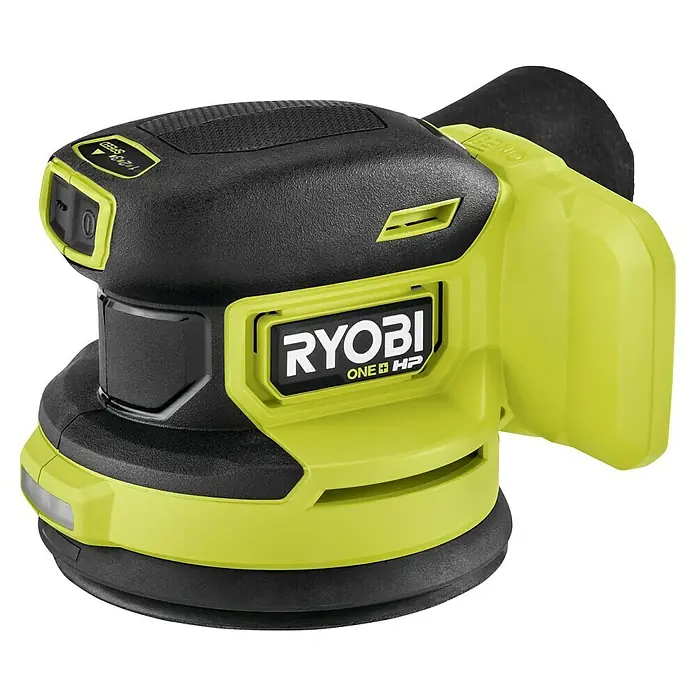 Ryobi ONE+ Akku-Exzenterschleifer RROS18C-0 - 18 V, Ohne Akku, Durchmesser Schleifteller: 125 mm - Nahaufnahme eines Akku-Exzenterschleifers der Marke Ryobi ONE+ HP in Schwarz und Limettengrün.
